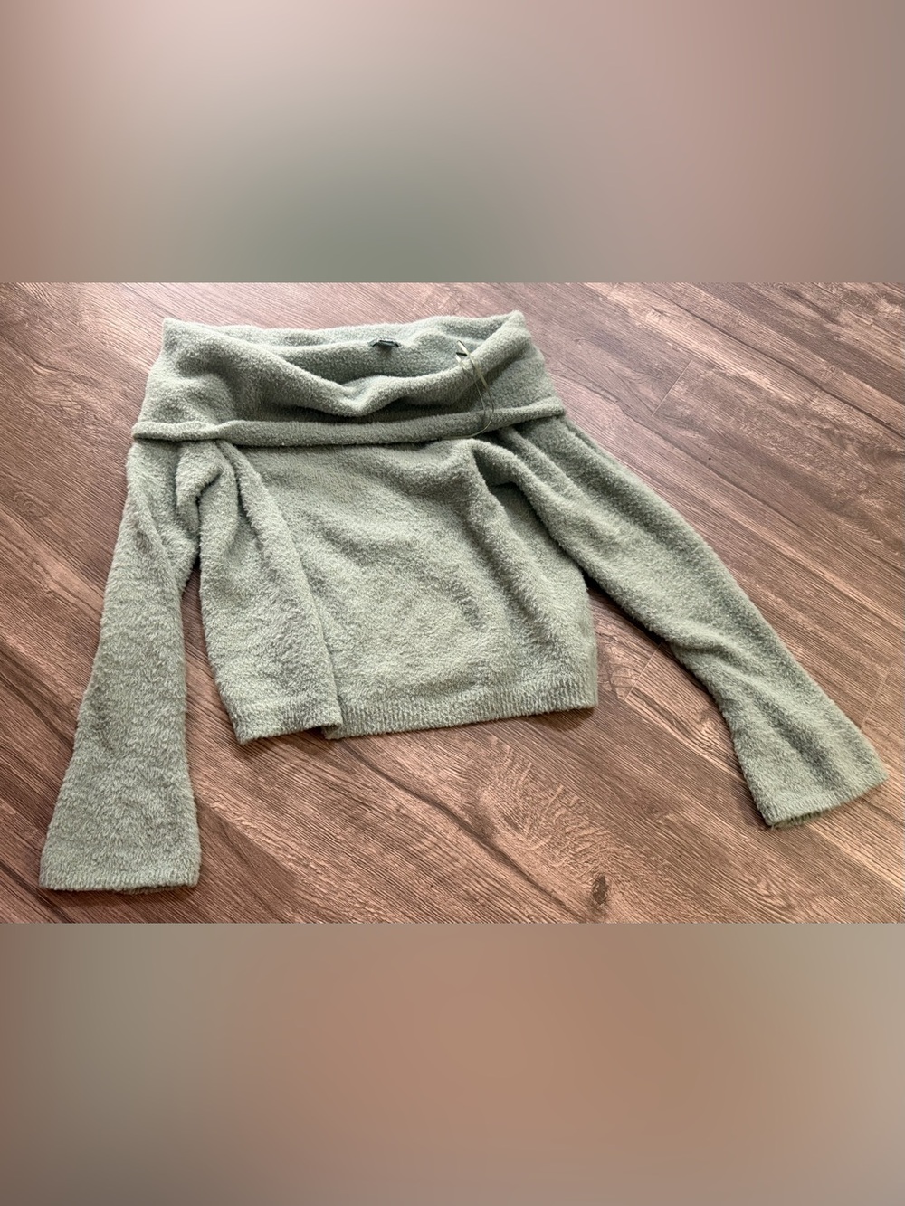 Wild Fable Off-the-Shoulder Fuzzy Sage Green Sweater